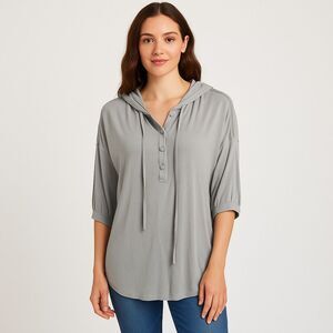 NEW POL Small Gray Henley Style Hooded Top Crochet Trim Drop Shoulder Lace Trim